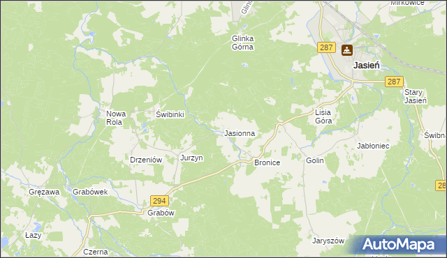 mapa Jasionna gmina Jasień, Jasionna gmina Jasień na mapie Targeo