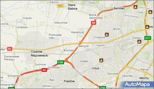 mapa Jawczyce gmina Ożarów Mazowiecki, Jawczyce gmina Ożarów Mazowiecki na mapie Targeo