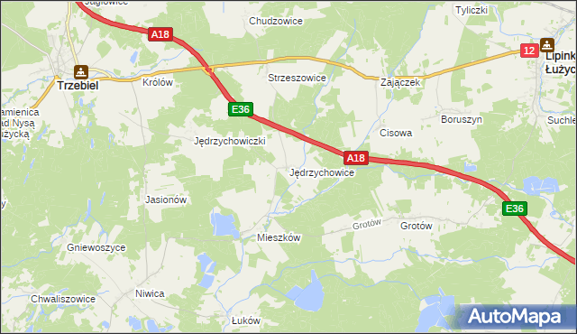 mapa Jędrzychowice gmina Trzebiel, Jędrzychowice gmina Trzebiel na mapie Targeo