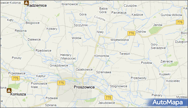 mapa Klimontów gmina Proszowice, Klimontów gmina Proszowice na mapie Targeo