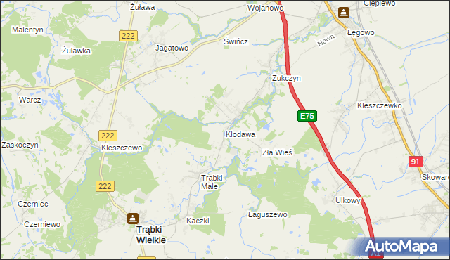 mapa Kłodawa gmina Trąbki Wielkie, Kłodawa gmina Trąbki Wielkie na mapie Targeo