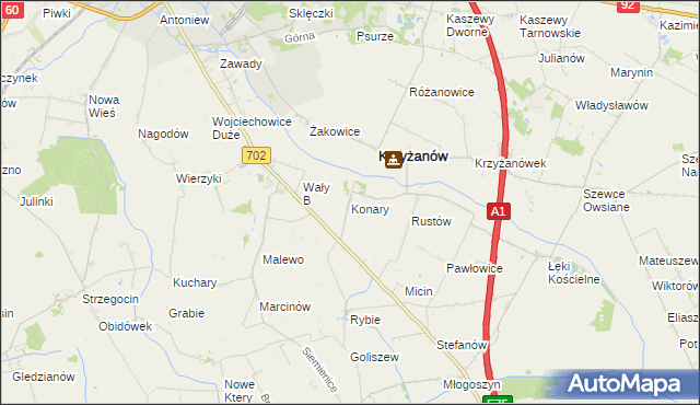 mapa Konary gmina Krzyżanów, Konary gmina Krzyżanów na mapie Targeo