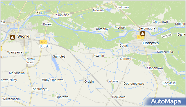 mapa Koźmin gmina Obrzycko, Koźmin gmina Obrzycko na mapie Targeo