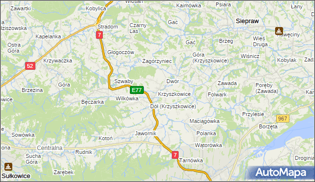 mapa Krzyszkowice gmina Myślenice, Krzyszkowice gmina Myślenice na mapie Targeo