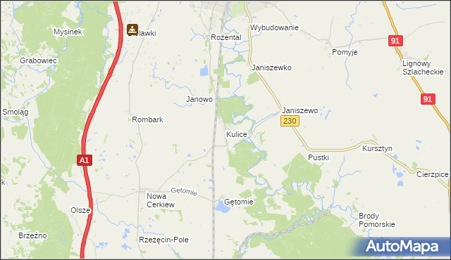 mapa Kulice gmina Pelplin, Kulice gmina Pelplin na mapie Targeo