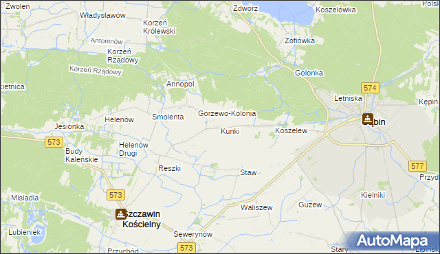 mapa Kunki gmina Szczawin Kościelny, Kunki gmina Szczawin Kościelny na mapie Targeo