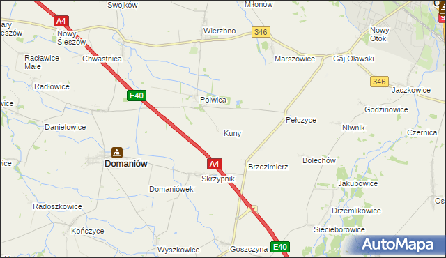 mapa Kuny gmina Domaniów, Kuny gmina Domaniów na mapie Targeo