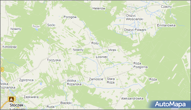mapa Łosiniec gmina Stoczek Łukowski, Łosiniec gmina Stoczek Łukowski na mapie Targeo