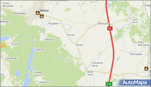 mapa Mirotki gmina Skórcz, Mirotki gmina Skórcz na mapie Targeo