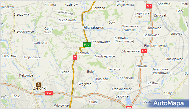 mapa Młodziejowice gmina Michałowice, Młodziejowice gmina Michałowice na mapie Targeo