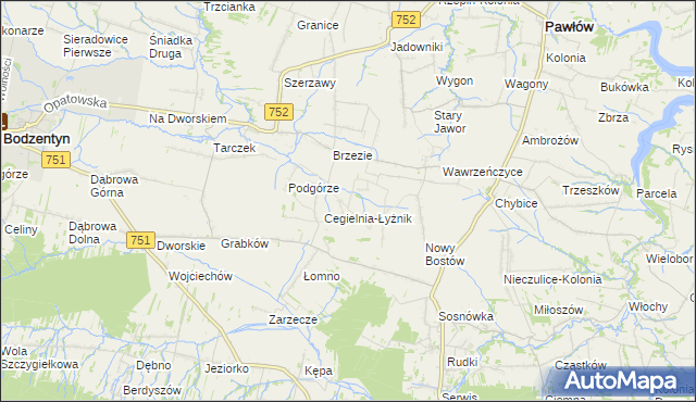 mapa Modrzewie gmina Pawłów, Modrzewie gmina Pawłów na mapie Targeo