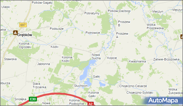 mapa Nowa Sucha gmina Grębków, Nowa Sucha gmina Grębków na mapie Targeo