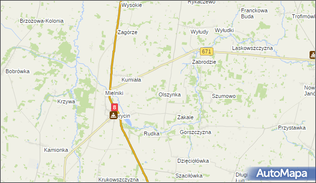 mapa Olszynka gmina Korycin, Olszynka gmina Korycin na mapie Targeo