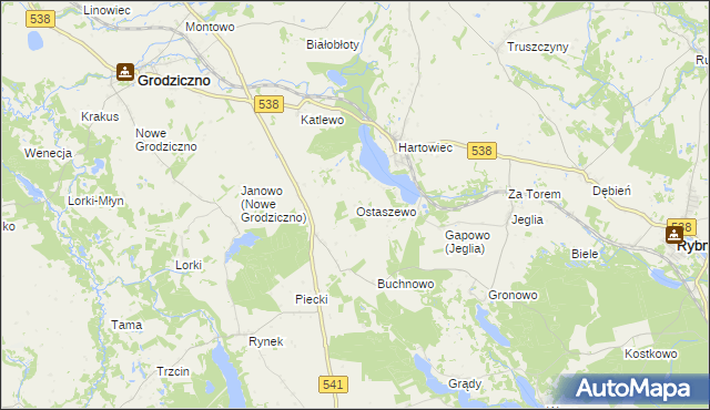 mapa Ostaszewo gmina Grodziczno, Ostaszewo gmina Grodziczno na mapie Targeo