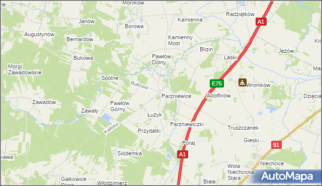 mapa Parzniewice, Parzniewice na mapie Targeo