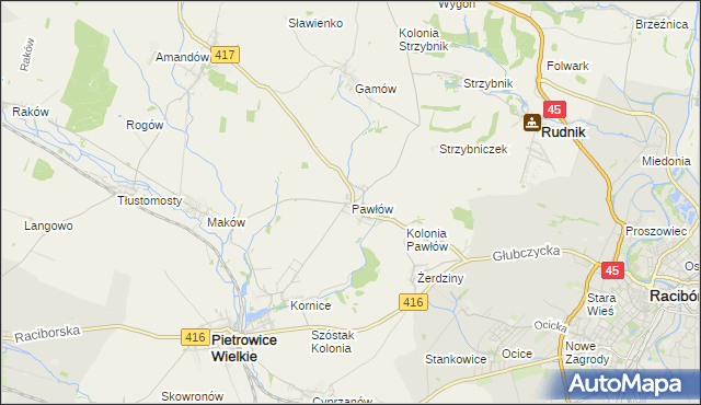 mapa Pawłów gmina Pietrowice Wielkie, Pawłów gmina Pietrowice Wielkie na mapie Targeo