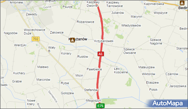 mapa Pawłowice gmina Krzyżanów, Pawłowice gmina Krzyżanów na mapie Targeo