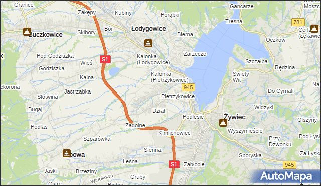 mapa Pietrzykowice gmina Łodygowice, Pietrzykowice gmina Łodygowice na mapie Targeo