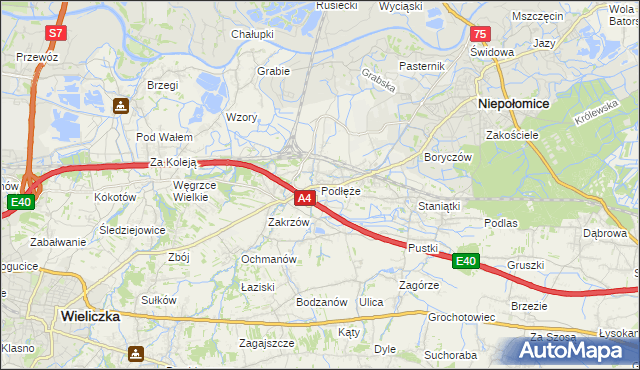 mapa Podłęże gmina Niepołomice, Podłęże gmina Niepołomice na mapie Targeo