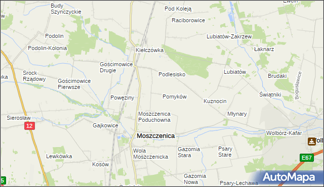 mapa Pomyków gmina Moszczenica, Pomyków gmina Moszczenica na mapie Targeo