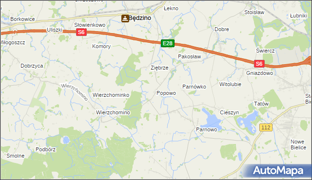 mapa Popowo gmina Będzino, Popowo gmina Będzino na mapie Targeo