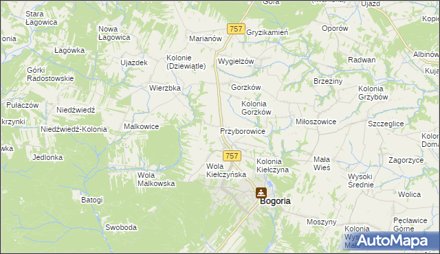 mapa Przyborowice gmina Bogoria, Przyborowice gmina Bogoria na mapie Targeo