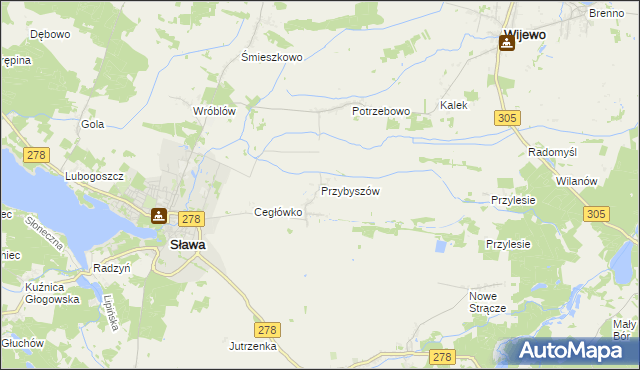 mapa Przybyszów gmina Sława, Przybyszów gmina Sława na mapie Targeo