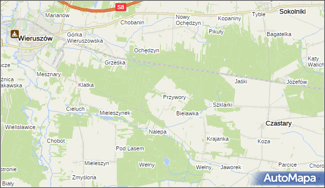 mapa Przywory gmina Czastary, Przywory gmina Czastary na mapie Targeo