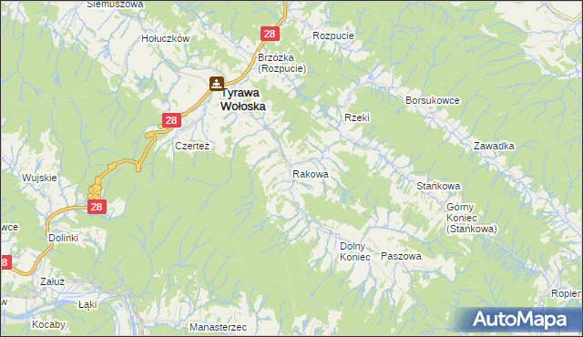 mapa Rakowa gmina Tyrawa Wołoska, Rakowa gmina Tyrawa Wołoska na mapie Targeo