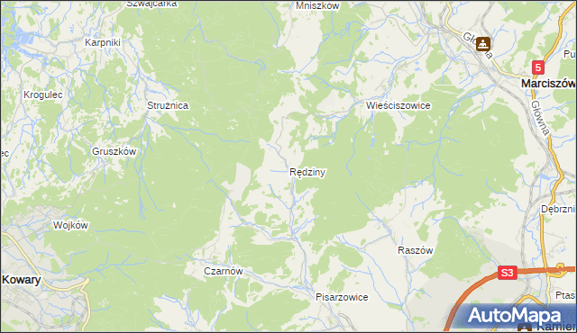 mapa Rędziny gmina Kamienna Góra, Rędziny gmina Kamienna Góra na mapie Targeo