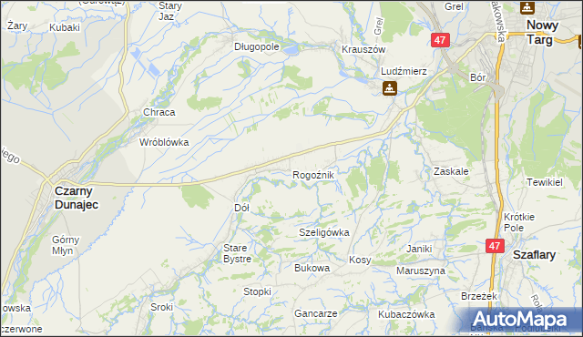 mapa Rogoźnik gmina Nowy Targ, Rogoźnik gmina Nowy Targ na mapie Targeo