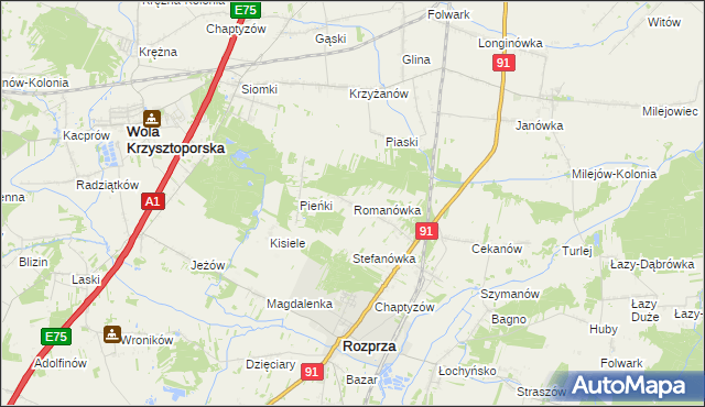 mapa Romanówka gmina Rozprza, Romanówka gmina Rozprza na mapie Targeo