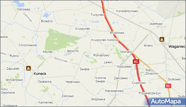 mapa Romanowo gmina Koneck, Romanowo gmina Koneck na mapie Targeo