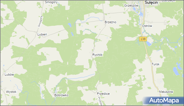 mapa Rychlik gmina Sulęcin, Rychlik gmina Sulęcin na mapie Targeo