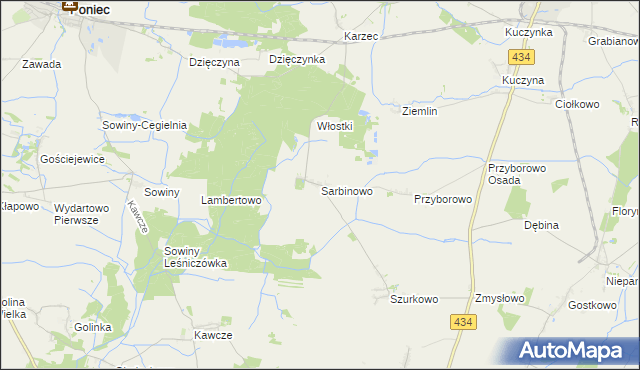 mapa Sarbinowo gmina Poniec, Sarbinowo gmina Poniec na mapie Targeo