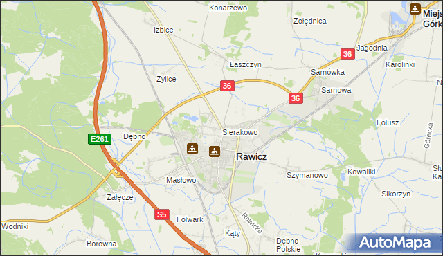 mapa Sierakowo gmina Rawicz, Sierakowo gmina Rawicz na mapie Targeo