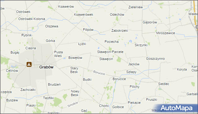 mapa Sławęcin gmina Grabów, Sławęcin gmina Grabów na mapie Targeo