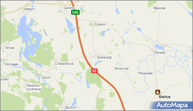 mapa Sobieradz gmina Gryfino, Sobieradz gmina Gryfino na mapie Targeo