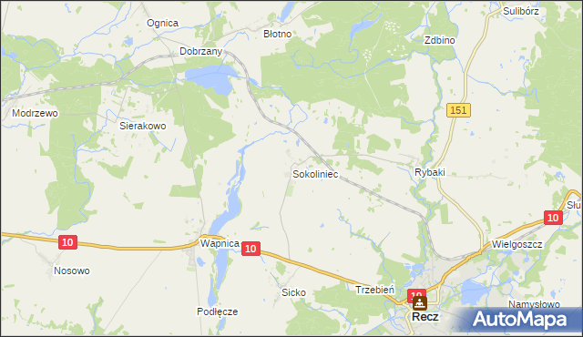 mapa Sokoliniec gmina Recz, Sokoliniec gmina Recz na mapie Targeo