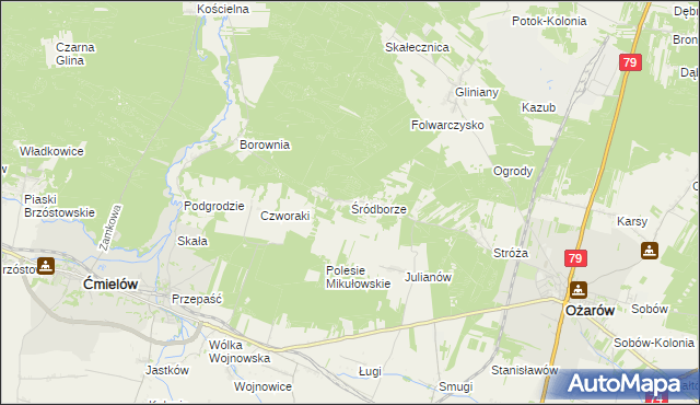 mapa Śródborze gmina Ożarów, Śródborze gmina Ożarów na mapie Targeo