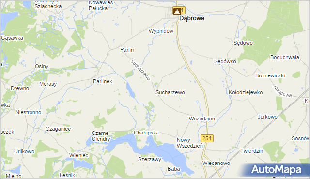 mapa Sucharzewo gmina Dąbrowa, Sucharzewo gmina Dąbrowa na mapie Targeo