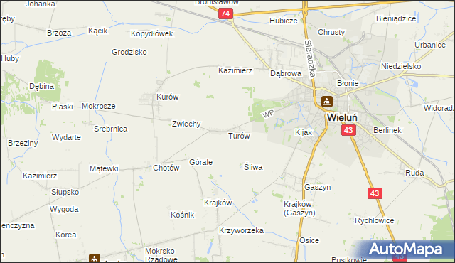 mapa Turów gmina Wieluń, Turów gmina Wieluń na mapie Targeo