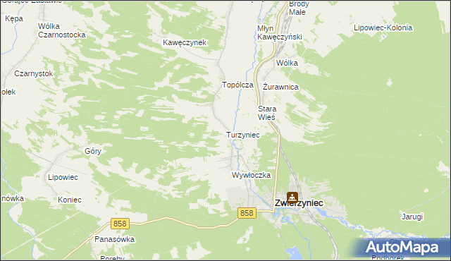 mapa Turzyniec gmina Zwierzyniec, Turzyniec gmina Zwierzyniec na mapie Targeo