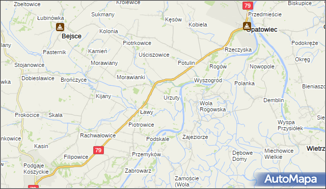 mapa Urzuty gmina Opatowiec, Urzuty gmina Opatowiec na mapie Targeo