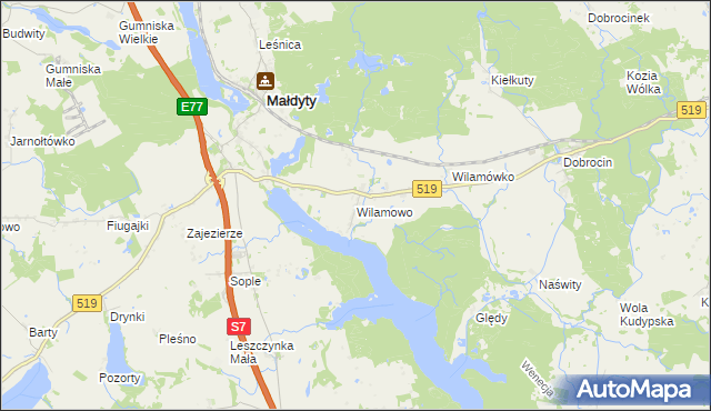 mapa Wilamowo gmina Małdyty, Wilamowo gmina Małdyty na mapie Targeo