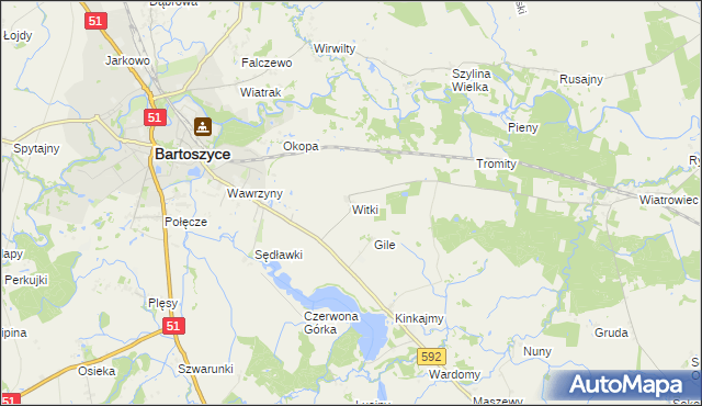 mapa Witki gmina Bartoszyce, Witki gmina Bartoszyce na mapie Targeo