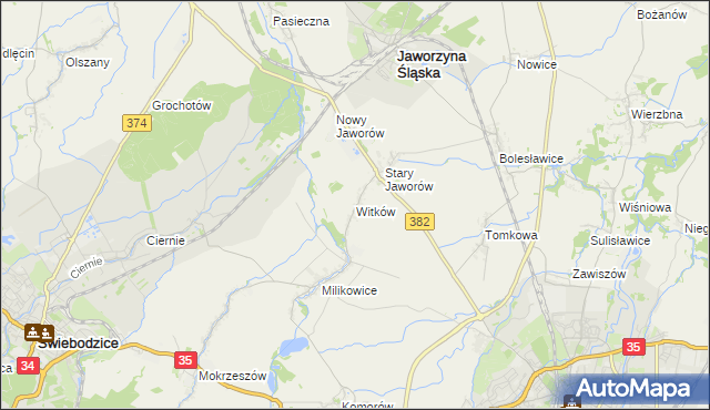 mapa Witków gmina Jaworzyna Śląska, Witków gmina Jaworzyna Śląska na mapie Targeo