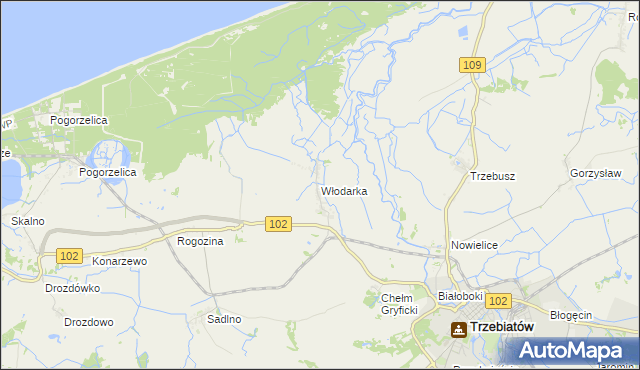 mapa Włodarka gmina Trzebiatów, Włodarka gmina Trzebiatów na mapie Targeo