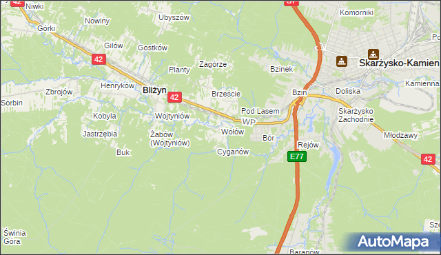 mapa Wołów gmina Bliżyn, Wołów gmina Bliżyn na mapie Targeo