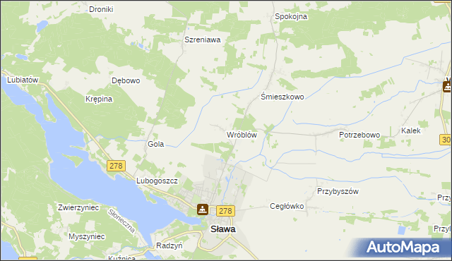 mapa Wróblów gmina Sława, Wróblów gmina Sława na mapie Targeo